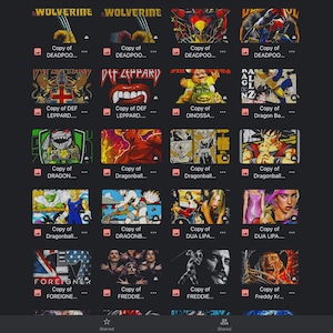 May include: A collage of digital images featuring various characters and bands. The images include Wolverine, Deadpool, Def Leppard, Dragon Ball Z, Dinosaurus, Dua Lipa, Foreigner, and Freddy Krueger. The images are arranged in a grid format.