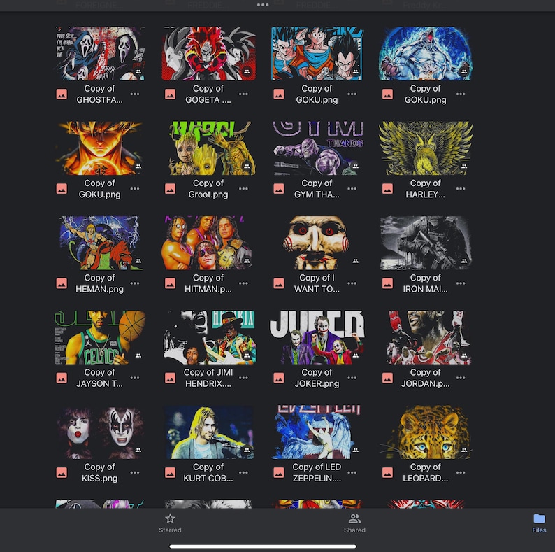 May include: A collage of 16 images featuring various characters and designs. Each image is a square with a black background and a white border. The images include characters from popular movies, TV shows, and video games, such as Ghostface, Gogeta, Goku, Groot, Harley Quinn, Iron Man, and more.