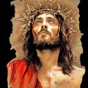 May include: A painting of a man with a crown of thorns on his head. He is looking up with a pained expression on his face. The painting is done in a realistic style and the man's skin is pale and his hair is long and dark.