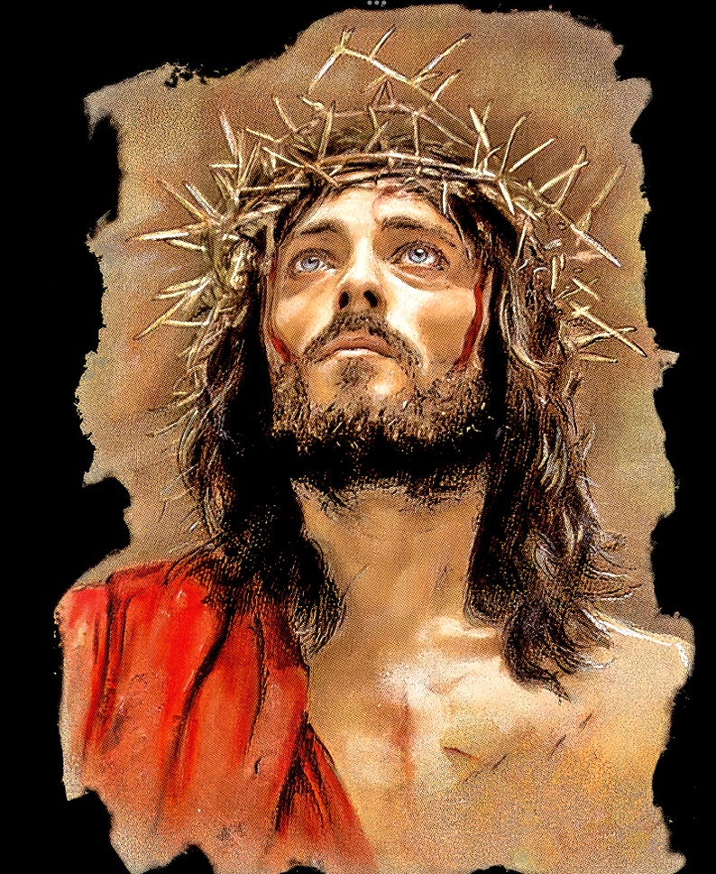 May include: A painting of a man with a crown of thorns on his head. He is looking up with a pained expression on his face. The painting is done in a realistic style and the man's skin is pale and his hair is long and dark.