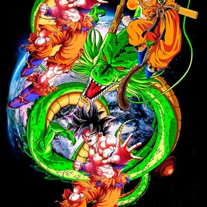 May include: Three anime characters, two with spiky hair and one with a shaved head, are fighting on a green dragon. The dragon is flying over a blue and green planet. The characters are wearing orange and blue clothing.