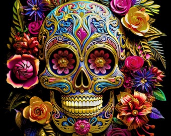 Paquete de más de 140 diseños de calaveras de azúcar en formato PNG y DTF listos para usar. Diseños de calaveras de azúcar en formato PNG y DTF de alta resolución. Arte digital de calaveras de azúcar en formato PNG y DTF de medio tono