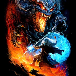 May include: A blue and red fantasy illustration of a wizard battling a dragon with lightning bolts. The wizard is wearing a long blue robe and holding a staff. The dragon is breathing fire and has sharp claws.