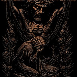 May include: A detailed illustration in sepia tones depicts a religious scene. Jesus on the cross is above a kneeling figure, with a crown of thorns and a heart symbol. The artwork is framed by thorny branches against a black background.