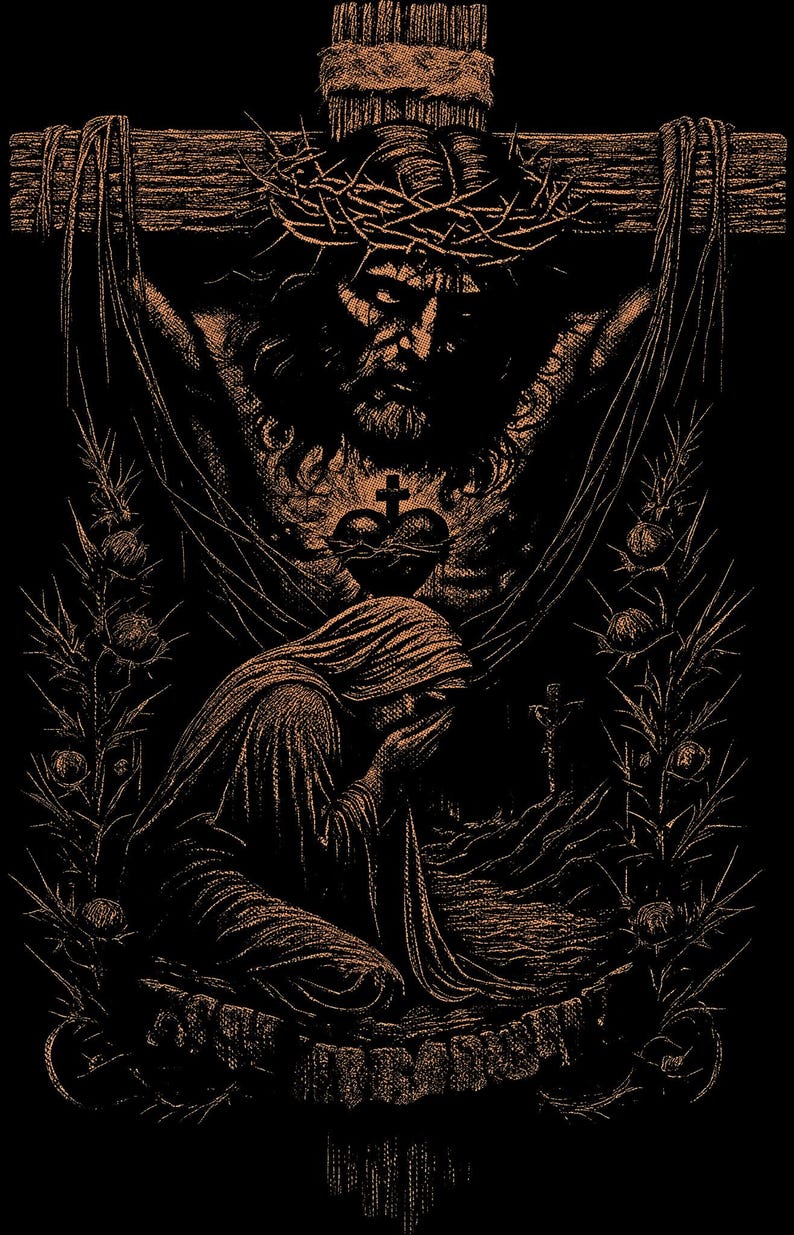 May include: A detailed illustration in sepia tones depicts a religious scene. Jesus on the cross is above a kneeling figure, with a crown of thorns and a heart symbol. The artwork is framed by thorny branches against a black background.