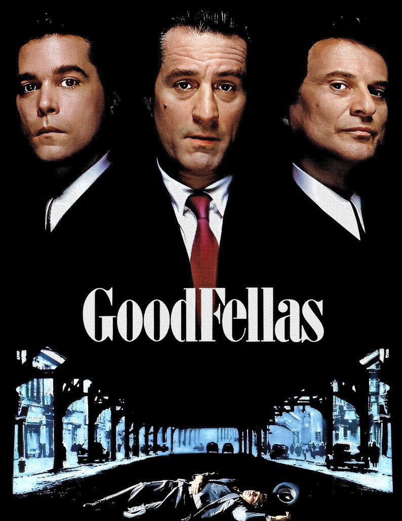 May include: A movie poster for the film "Goodfellas" featuring three men in suits. The men are looking directly at the viewer. The poster has a dark background with the title of the film in white letters.