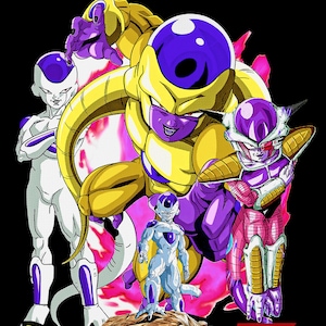 May include: A graphic illustration of Frieza from Dragon Ball Z. The image features Frieza in his golden form with his three forms behind him. The image is set against a black background with a pink and red flame effect.