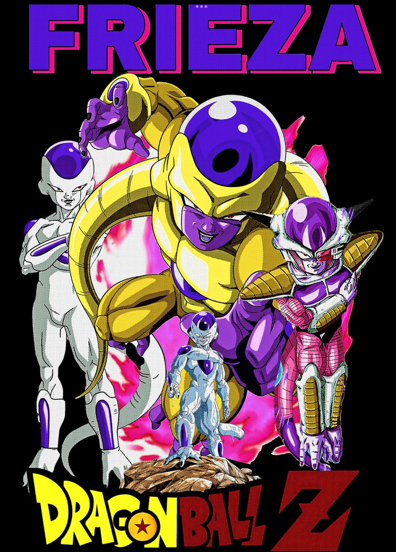 May include: A graphic illustration of Frieza from Dragon Ball Z. The image features Frieza in his golden form with his three forms behind him. The image is set against a black background with a pink and red flame effect.