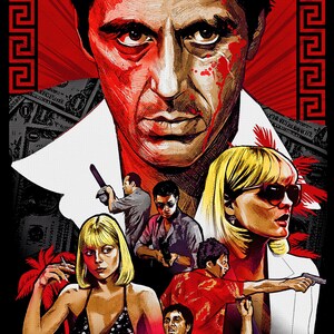May include: A stylized illustration of a man with blood on his face, surrounded by other characters. The background is red with dollar bills. The image is in a comic book style.