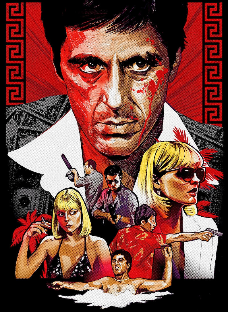 May include: A stylized illustration of a man with blood on his face, surrounded by other characters. The background is red with dollar bills. The image is in a comic book style.
