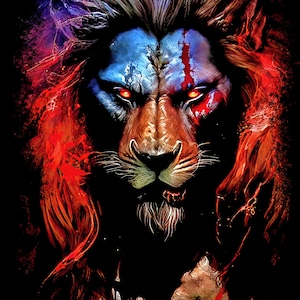 May include: A fierce lion with a blue and red mane, its eyes glowing orange. The lion's face is painted with a blue and red pattern, and its mouth is slightly open, revealing sharp teeth.