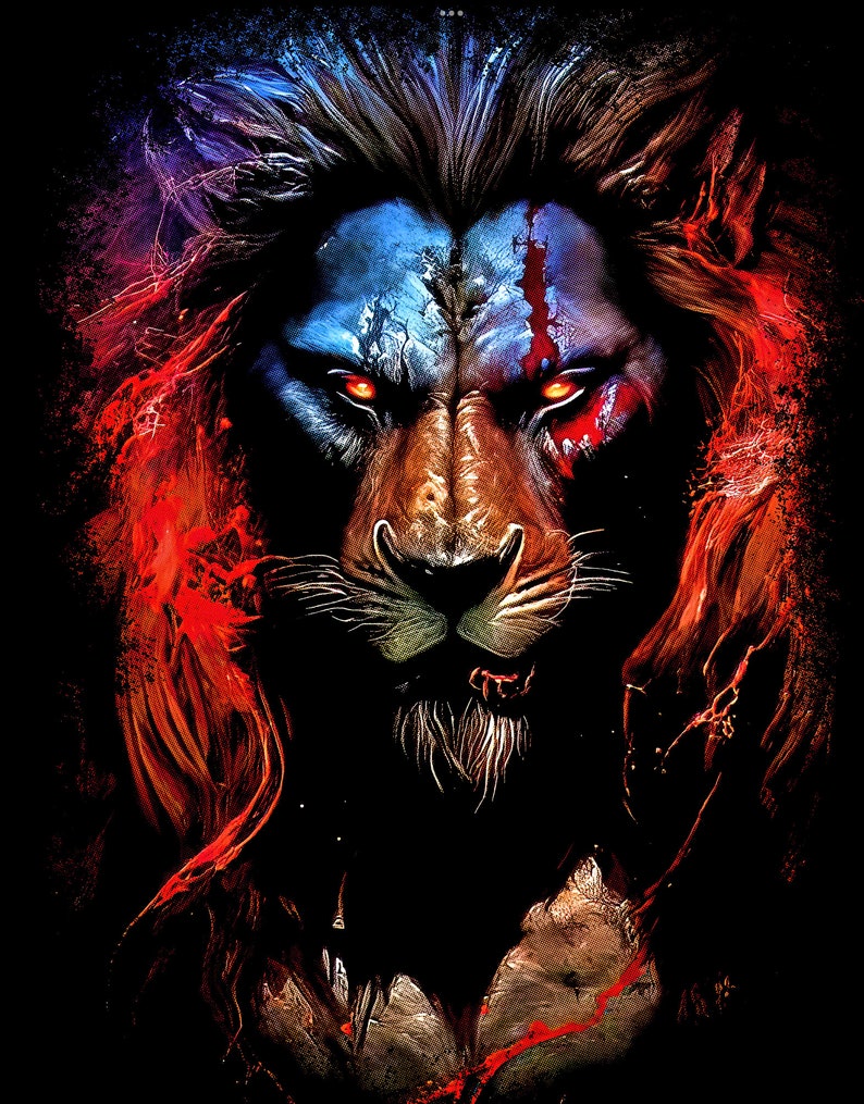 May include: A fierce lion with a blue and red mane, its eyes glowing orange. The lion's face is painted with a blue and red pattern, and its mouth is slightly open, revealing sharp teeth.