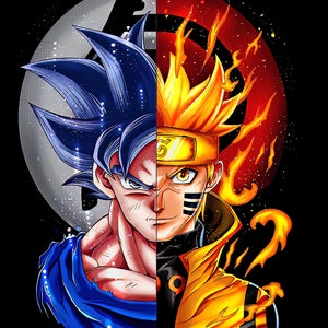 May include: A digital illustration of two anime characters, Goku and Naruto, with their signature hairstyles and clothing. Goku is on the left, with blue hair and a blue and white outfit. Naruto is on the right, with yellow hair and a yellow and orange outfit. The background is black with a circle behind each character.