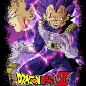 May include: A purple and blue illustration of two anime characters, Vegeta and Super Saiyan Vegeta, with the text "Dragon Ball Z" in the foreground. The characters are in a fighting pose with lightning bolts around them.