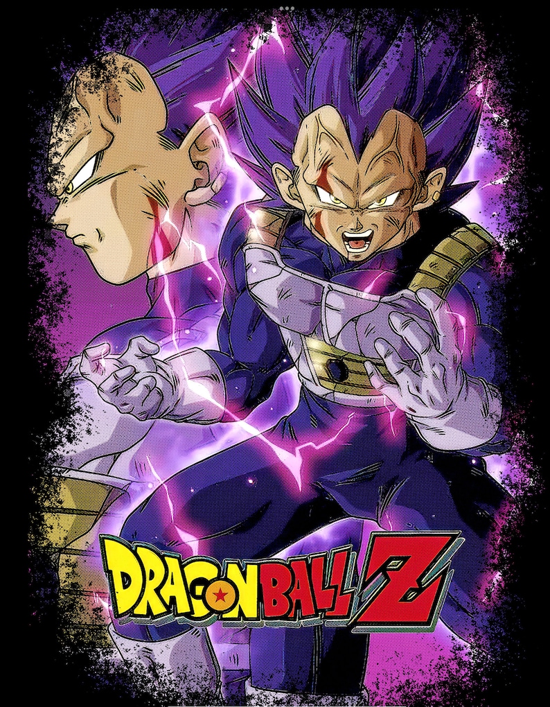 May include: A purple and blue illustration of two anime characters, Vegeta and Super Saiyan Vegeta, with the text "Dragon Ball Z" in the foreground. The characters are in a fighting pose with lightning bolts around them.