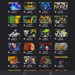 May include: A collage of images featuring various characters and logos, including Batman, Wolverine, Chucky, Cobra, and Darth Vader. The images are arranged in a grid pattern and have a retro, pixelated aesthetic.