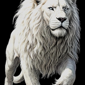 May include: A majestic white lion with a flowing mane and piercing blue eyes, set against a stark black background. The lion is depicted in a walking pose, showcasing its powerful physique and regal presence. The image is a digital illustration.
