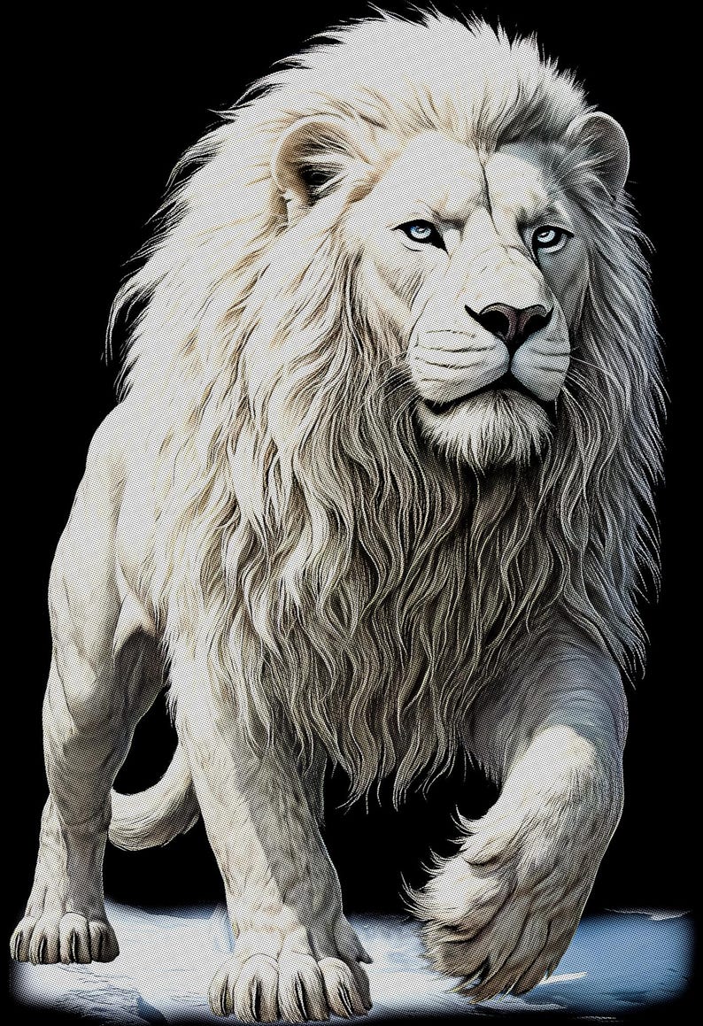 May include: A majestic white lion with a flowing mane and piercing blue eyes, set against a stark black background. The lion is depicted in a walking pose, showcasing its powerful physique and regal presence. The image is a digital illustration.