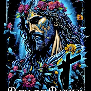 May include: A digital illustration of a man with long dark hair and a beard wearing a crown of flowers. He is surrounded by flowers and a cross. The text "REY DE REYES" is at the bottom of the image.