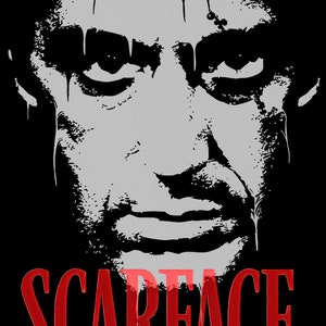 May include: Black and white illustration of a man's face with the word "SCARFACE" in red letters below.