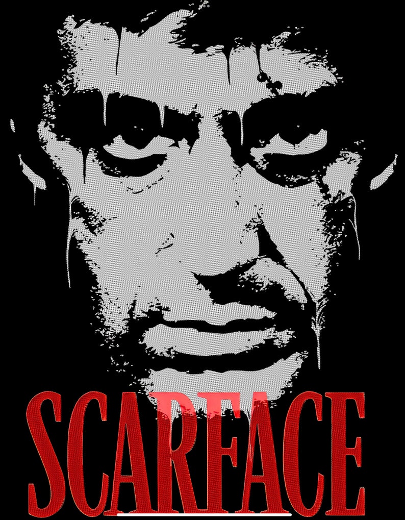 May include: Black and white illustration of a man's face with the word "SCARFACE" in red letters below.
