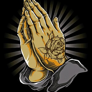 May include: A pair of hands clasped in prayer with a detailed rose tattoo on the back of one hand. The hands are depicted in a vintage style with a black and white background.