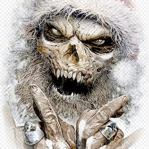 May include: A skull wearing a Santa hat with a white beard and a red and white hat. The skull is making a rock and roll hand gesture with both hands. The skull is wearing two rings with skulls on them.