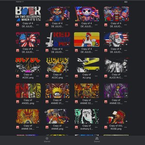 May include: A collection of digital designs featuring various characters and themes, including a red, white, and blue American flag, a skull, a rooster, a cartoon character, and a band logo. The designs are displayed in a grid format on a dark background.