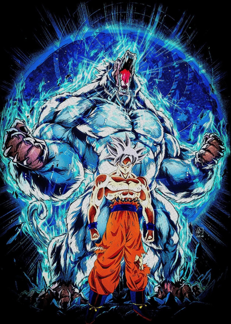 May include: A digital illustration of a white-haired anime character in a red and orange outfit standing in front of a large, white, wolf-like creature with blue flames surrounding them.