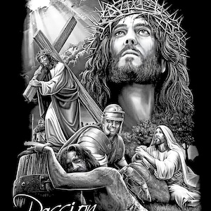 May include: A black and white illustration of Jesus Christ carrying a cross. The image depicts the Passion of Christ, with Jesus wearing a crown of thorns and surrounded by Roman soldiers. The word "Passion" is written in cursive at the bottom of the image.
