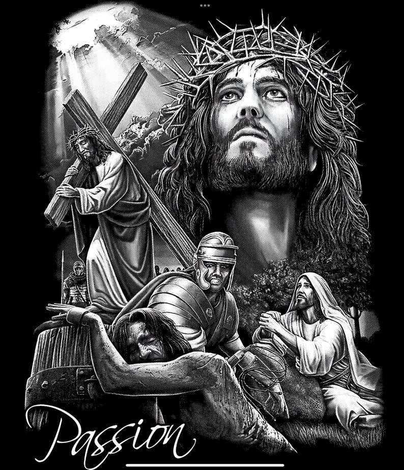 May include: A black and white illustration of Jesus Christ carrying a cross. The image depicts the Passion of Christ, with Jesus wearing a crown of thorns and surrounded by Roman soldiers. The word "Passion" is written in cursive at the bottom of the image.