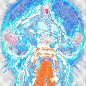 May include: A digital illustration of a white-haired anime character in a red and orange outfit, with a blue and white aura surrounding them. The character is in a powerful pose, with their arms raised and their fists clenched.