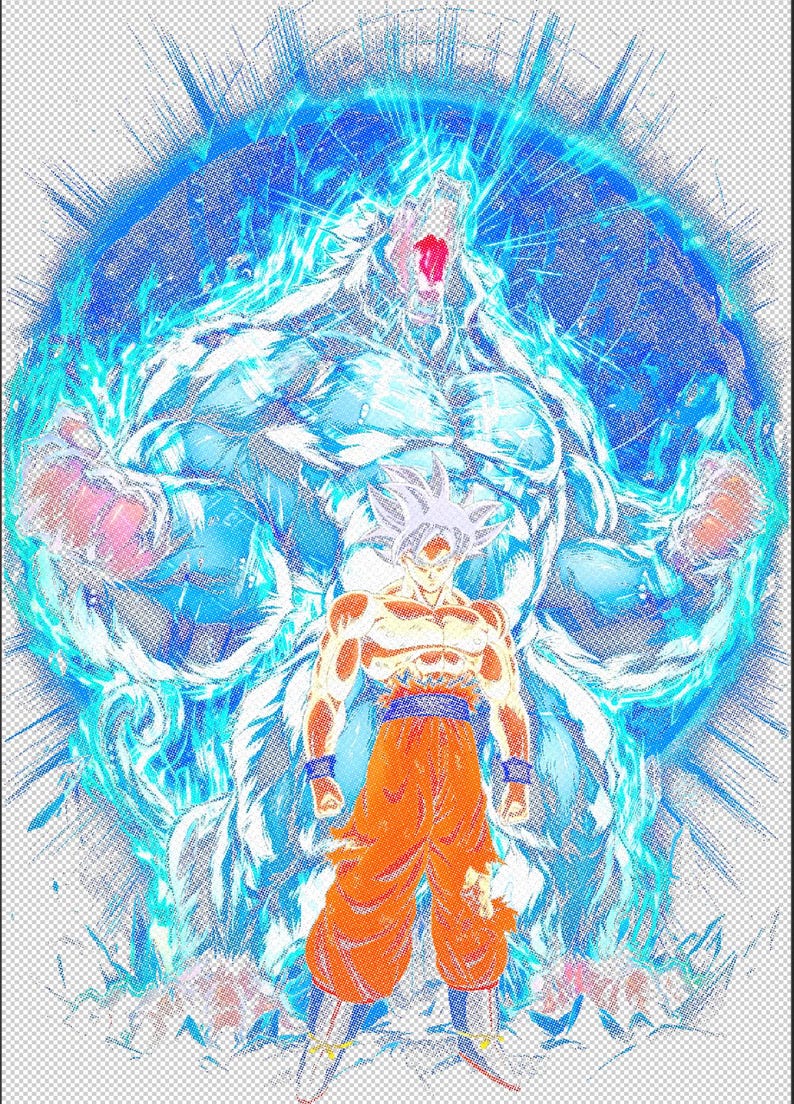 May include: A digital illustration of a white-haired anime character in a red and orange outfit, with a blue and white aura surrounding them. The character is in a powerful pose, with their arms raised and their fists clenched.