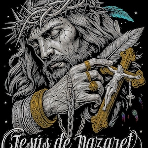 May include: Detailed illustration of Jesus wearing a crown of thorns, holding a cross and a feather. The image features the text "salmo 91:1" and "Jes&uacute;s de Nazaret" on a black background. The artwork is in grayscale with gold accents.