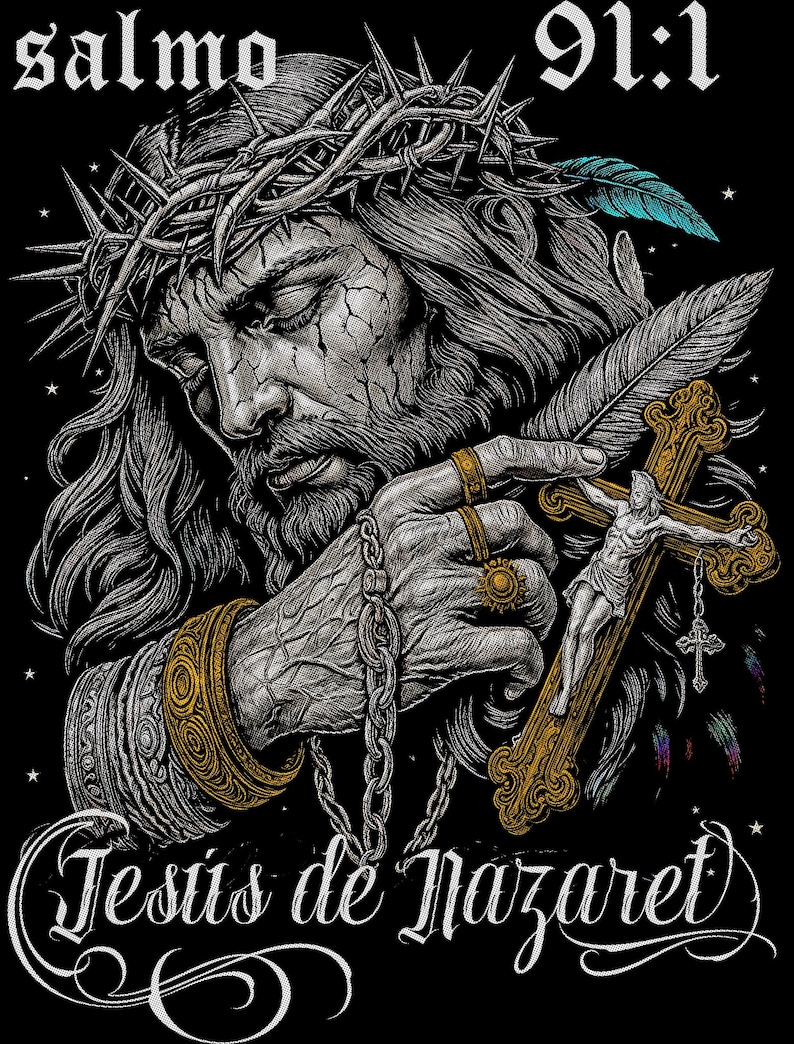 May include: Detailed illustration of Jesus wearing a crown of thorns, holding a cross and a feather. The image features the text "salmo 91:1" and "Jes&uacute;s de Nazaret" on a black background. The artwork is in grayscale with gold accents.