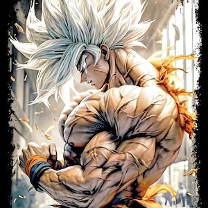 May include: A digital illustration of a muscular anime character with white hair and a yellow and orange outfit. The character is flexing their bicep and has a determined expression on their face.