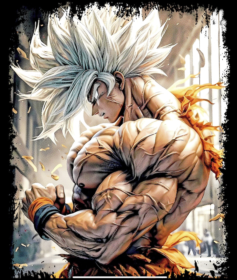 May include: A digital illustration of a muscular anime character with white hair and a yellow and orange outfit. The character is flexing their bicep and has a determined expression on their face.