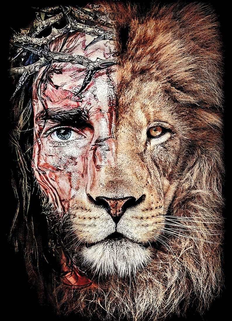 May include: A close-up of a man's face with a crown of thorns, half of his face is replaced with a lion's face. The lion's face is looking directly at the viewer with a serious expression. The man's face is covered in blood and has a pained expression.