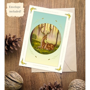 Deer Mom and Baby Illustrated Greeting Card -- 5&quot;x7&quot; -- Animal Nature card -- Birthday, Thank You, Card -- Ornate Vintage Handmade Design --