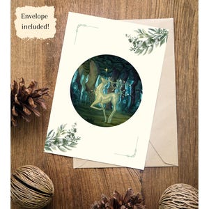 White Fantasy Deer in Forest Illustrated Greeting Card -- 5&quot;x7&quot; -- Animal card -- Birthday, Thank You, Card -- Minimalist Nature Design --