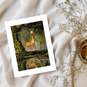 Fantasy Deer Handmade Art Print -- Whimsical Forest Artwork -- Mystical Animal Wall Decor -- Fawn Woodland Painting Gift