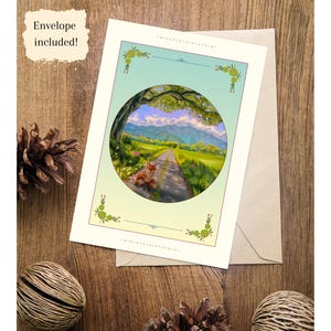 Red Fox in Countryside Illustrated Greeting Card -- 5&quot;x7&quot; -- Fantasy Animal card -- Birthday, Thank You, Card -- Vintage-Inspired Design -