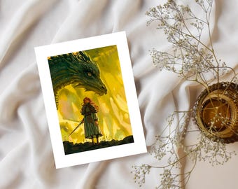 Stampa artistica di cavaliere medievale - Donna guerriera fantasy con spada e drago - Decorazione murale fatta a mano