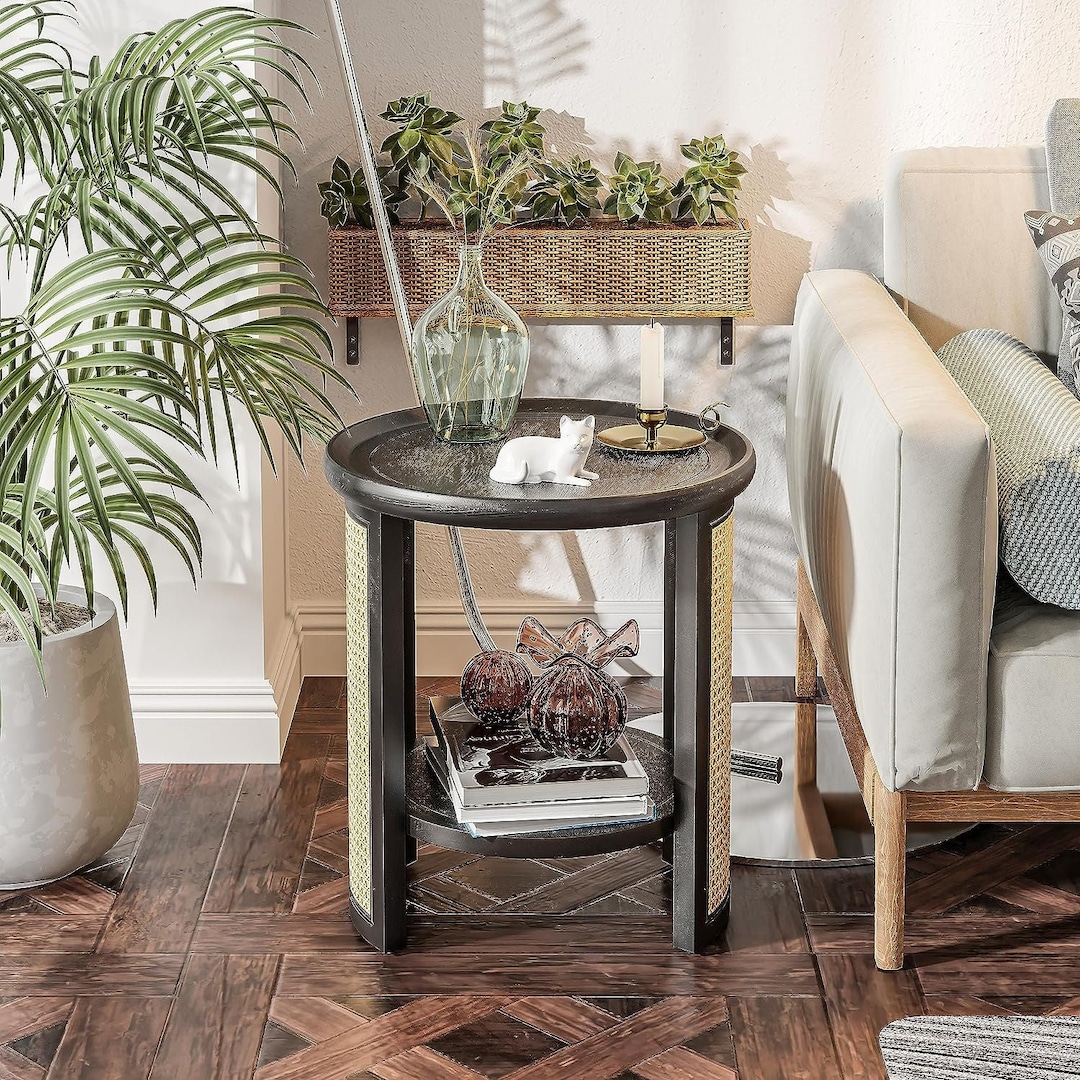 Modern Farmhouse Round End Table Wood Tray Top With Rattan Etsy