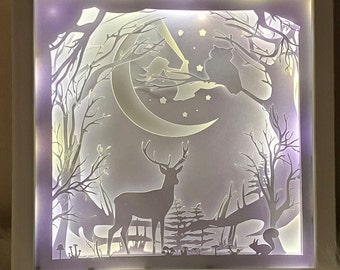 3D SVG Shadow girl in the moon forest animals owl squirrel, digital download svg png plotter file lightbox great night light