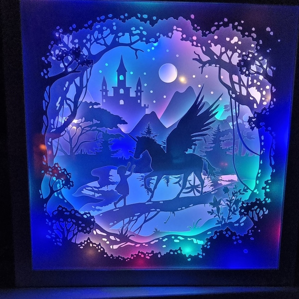 3D shadow box light box shadow box unicorn SVG PDF digital cutting pattern plotter laser criciut, brother sdx, silhouette, digitalfile.