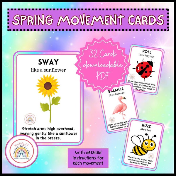 Spring Movement Cards; Brain Break cards; Occupational Therapy, classroom, home, physical education, clinic use. Spring Gross Motor Skills.