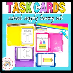 May include: A set of colorful task cards for tracing school supplies. The cards are in clear plastic containers with a variety of school supplies, including a book, crayons, a pencil, and an eraser. The cards are labeled with the name of the school supply.