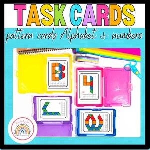 May include: Colorful task cards for pattern recognition, featuring the alphabet and numbers. The cards are in clear plastic cases, with the letters B, L, and the number 4 and 9 displayed. The text "TASK CARDS pattern cards Alphabet + numbers" is at the top.