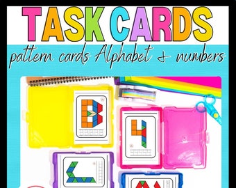 Pattern Blocks Task Cards - Uppercase & Lowercase Letters and Numbers 0-10; Occupational Therapy; fine motor skills; Montessori